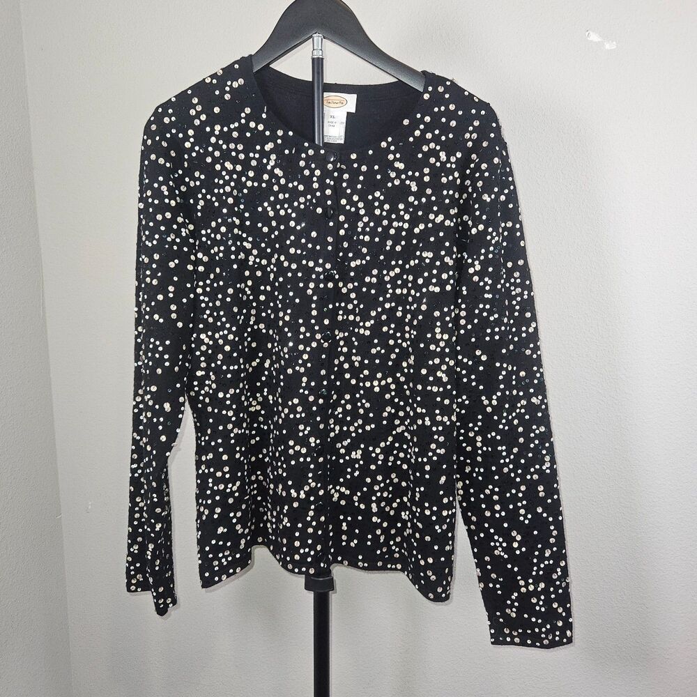 Talbots‎ Cardigan Women XL Black Sequin Merino Wool Blend Button Front Glamour